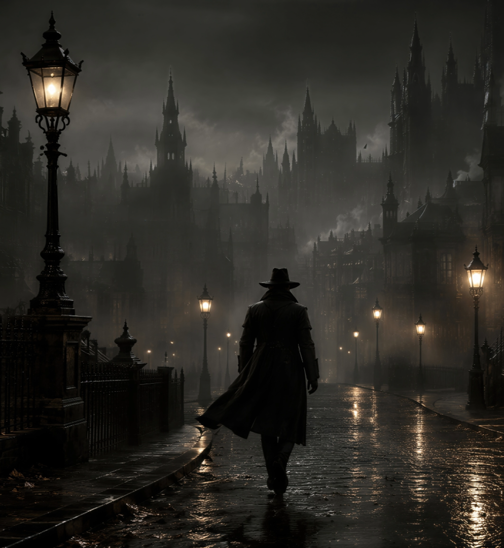 A solitary person wearing a long coat and hat walking along a wet cobblestone street lined with old-fashioned lampposts at night. In the background, there are tall, gothic-style buildings and dark, cloudy skies creating a mysterious and ominous atmosphere.