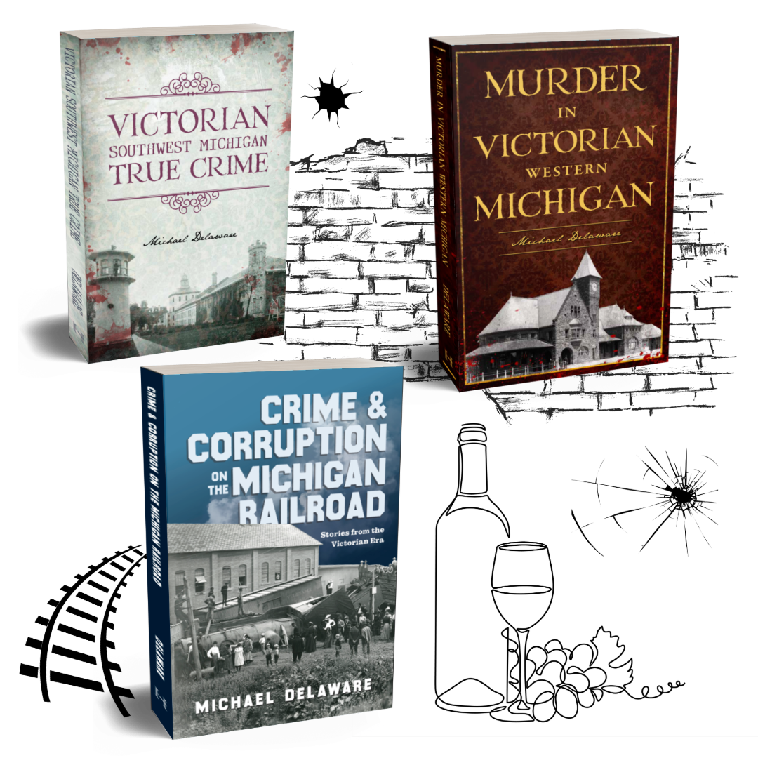Three books about Victorian Michigan history and crime. One titled 'Victorian Southwest Michigan True Crime,' another 'Murder in Victorian Western Michigan,' and a third 'Crime & Corruption on the Michigan Railroad.'