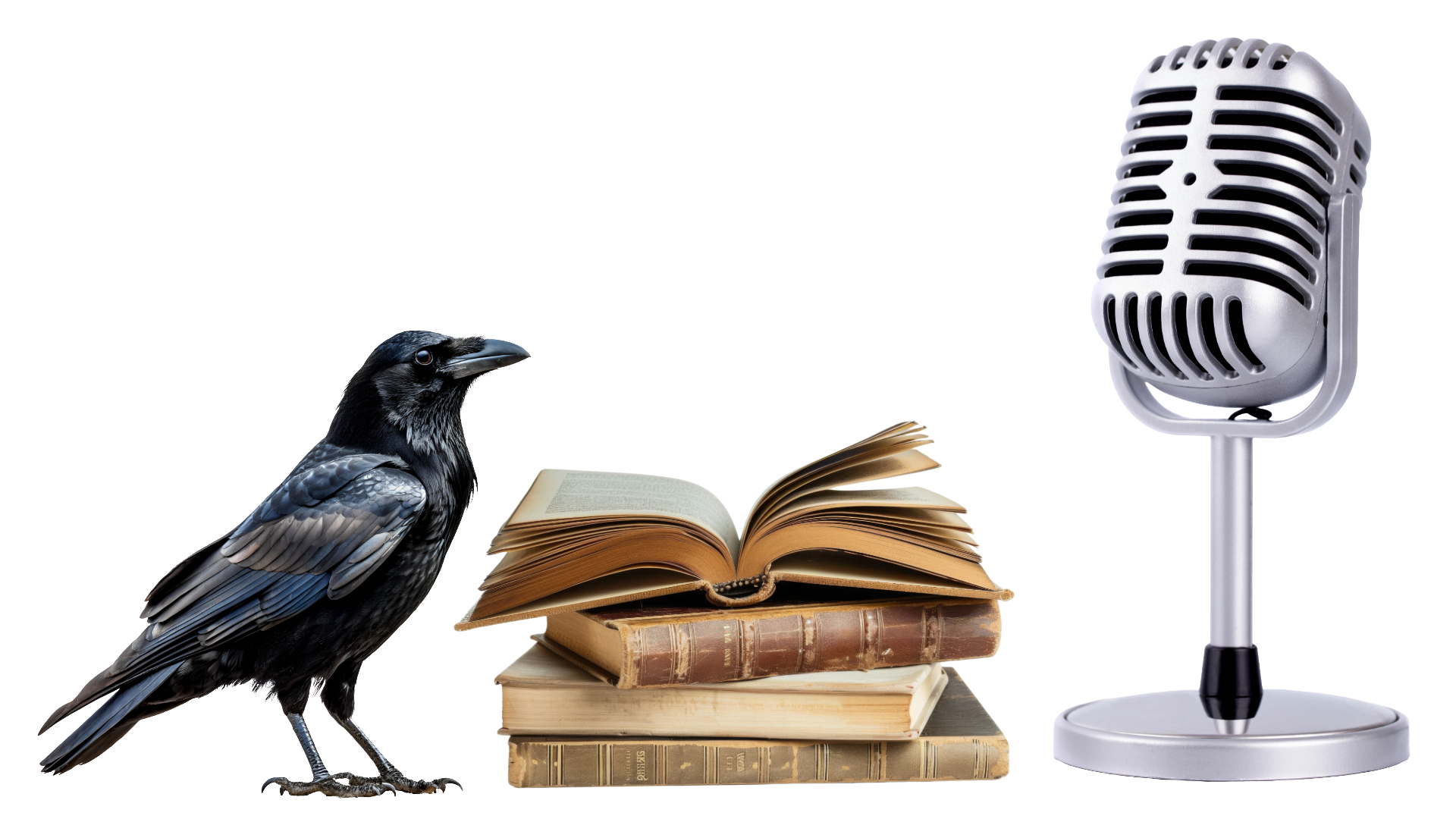 A black bird standing on a stack of old books next to an open book, with a retro-style silver microphone on the right.
