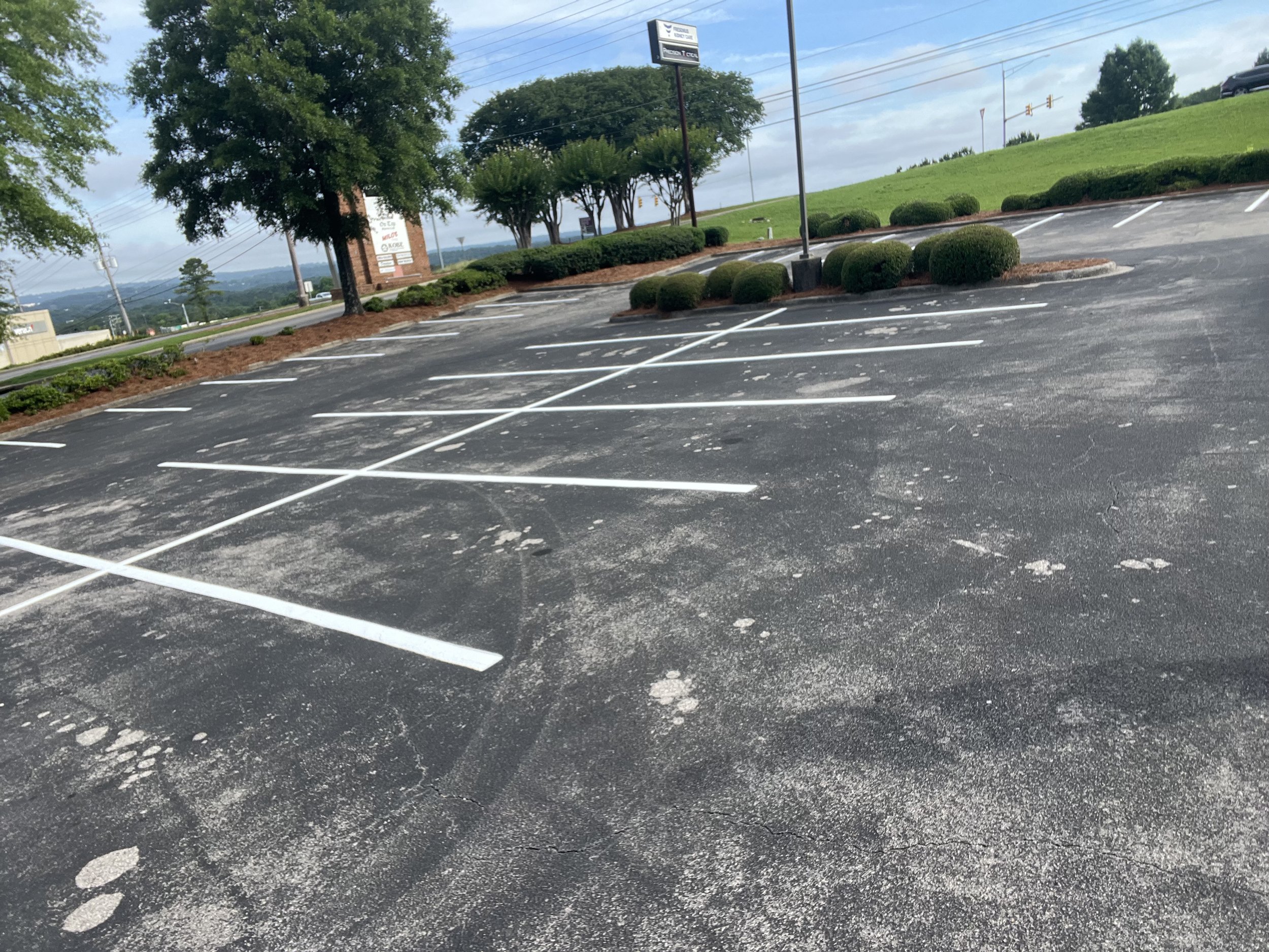 Parking lot with freshly painted lines.
