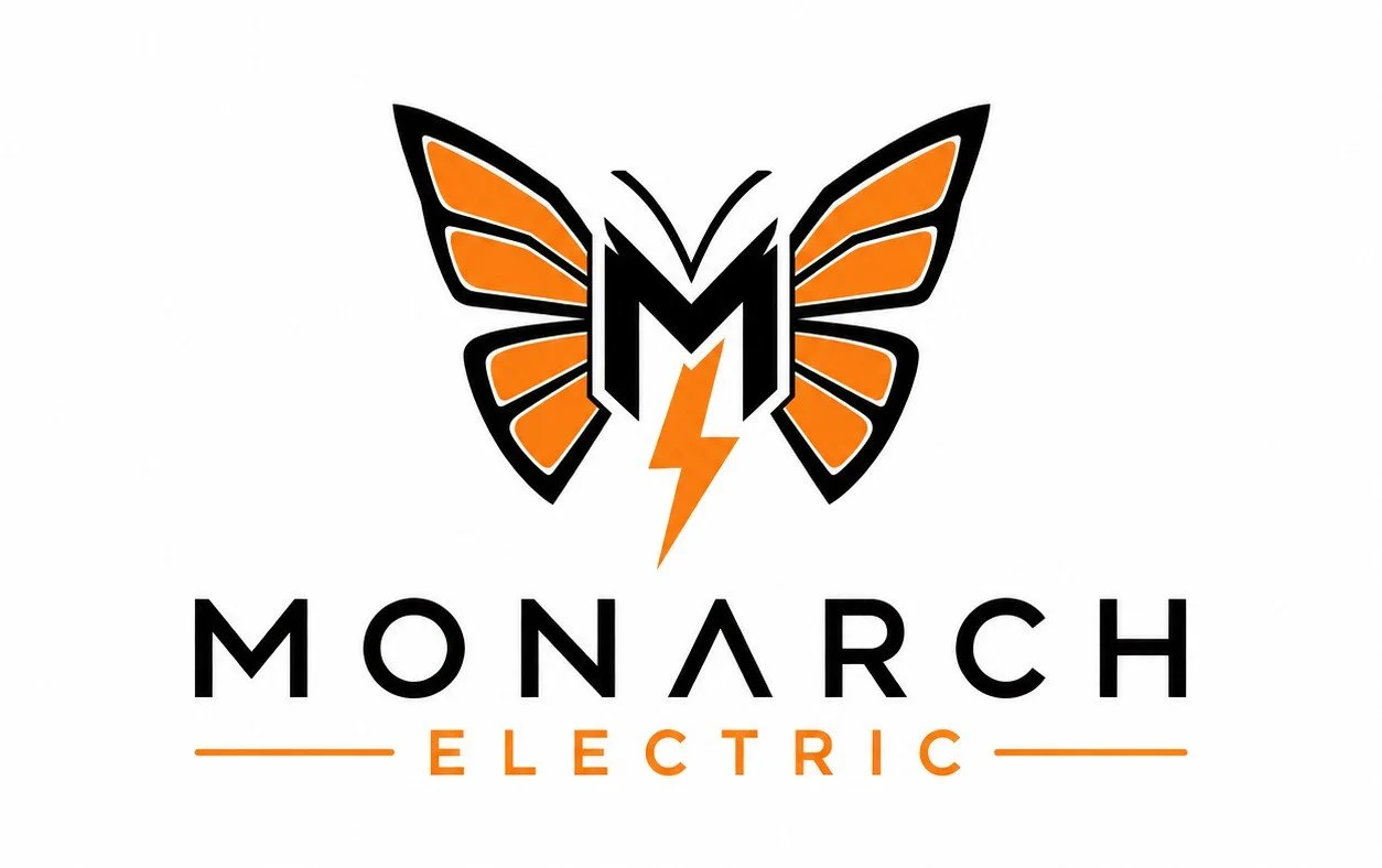Logo for Monarch Electric featuring a stylized butterfly with orange and black wings, an 'M' at the center, and a lightning bolt.