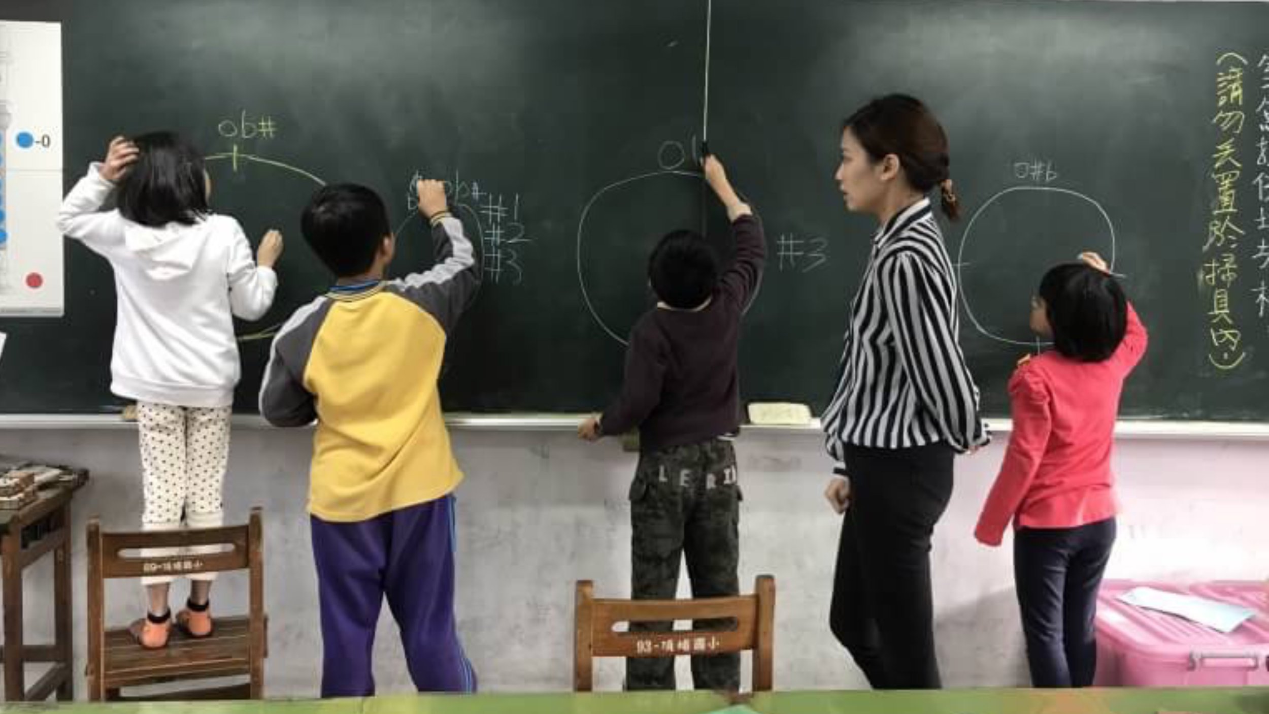 A classroom scene with children writing on a chalkboard while a teacher observes.