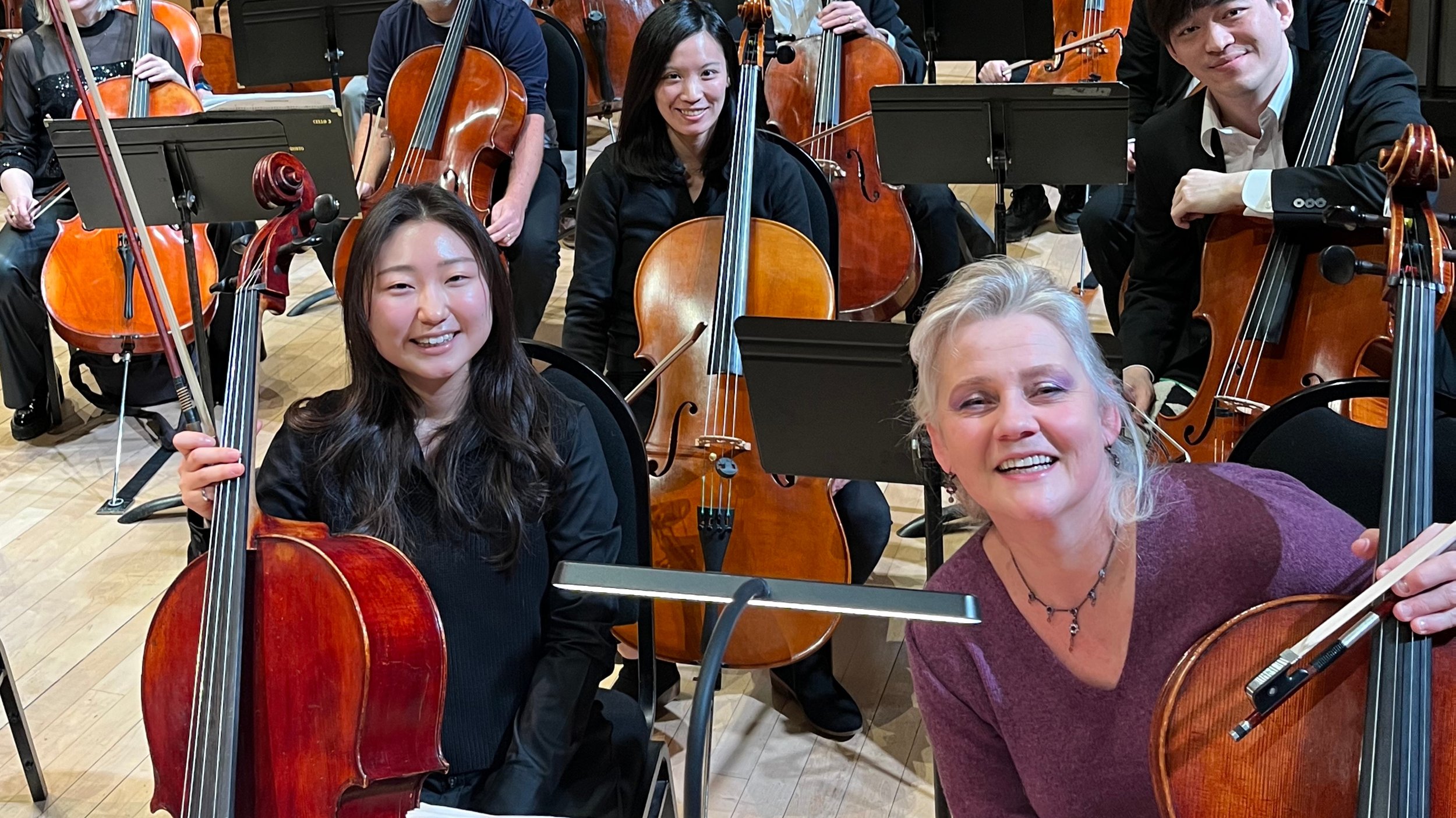 Group of musicians with string instruments in an orchestra rehearsal or performance.