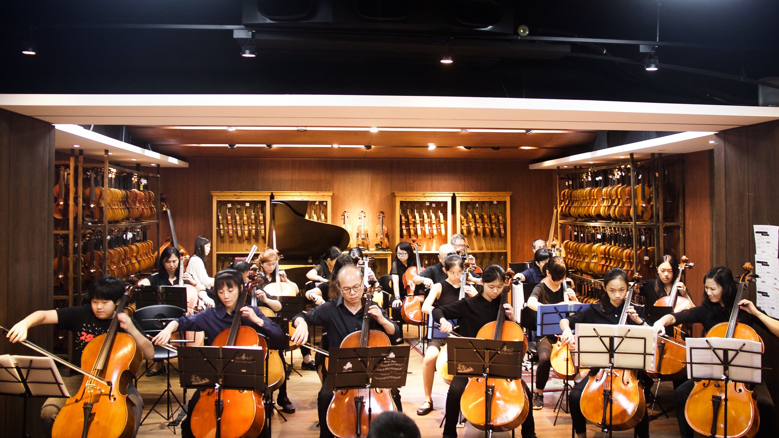 Orchestra of musicians playing string instruments in a concert hall with wood paneling and wall displays of violins and violas.