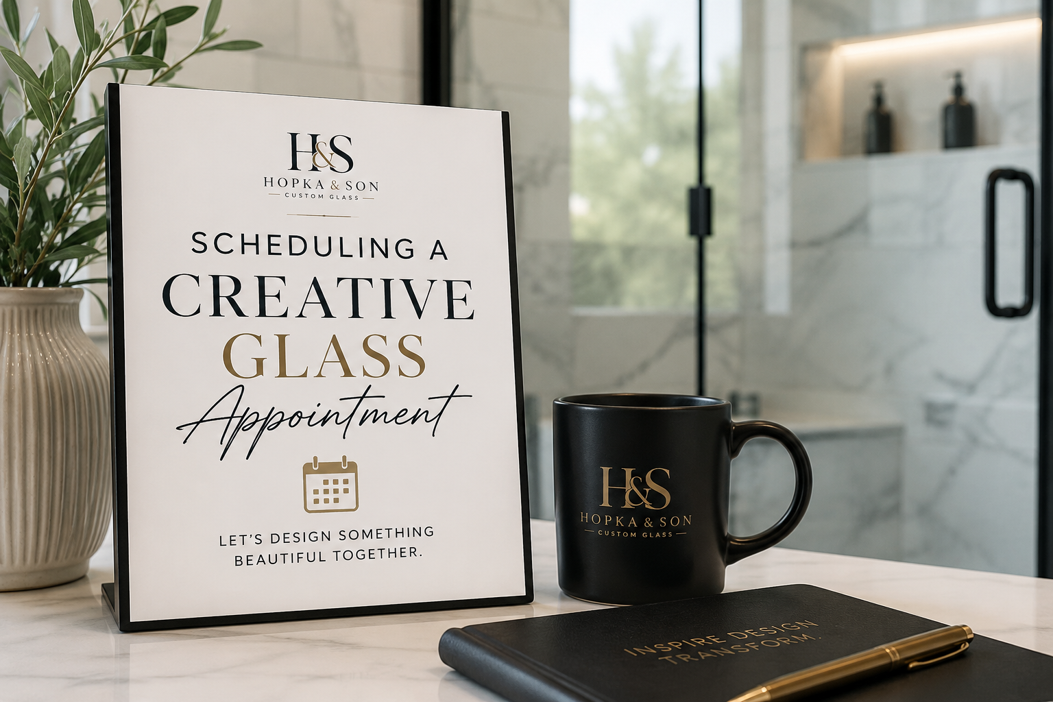 A white signboard with black, gold, and cursive text next to a black mug with gold lettering on a white counter. The sign reads "Scheduling a Creative Glass Appointment" with a calendar icon and below it says "Let's design something beautiful together." The mug has the company logo "H&S Hopka & Son Custom Glass." The background shows a modern, minimalistic interior with marble walls, a glass door, and some black bottles on a shelf.