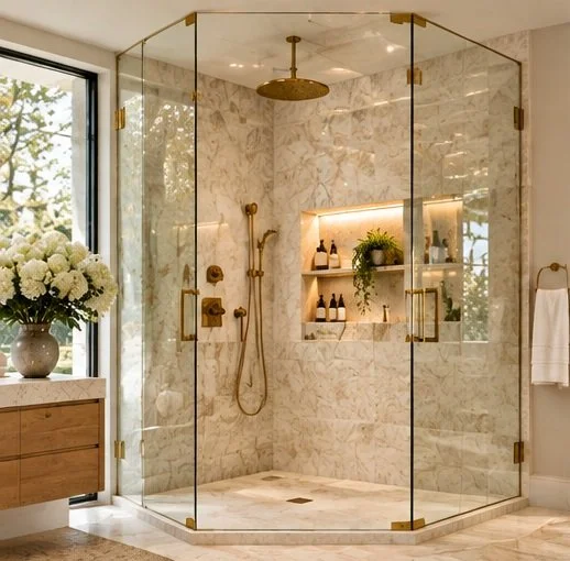 Tile shower with floating glass enclosure
