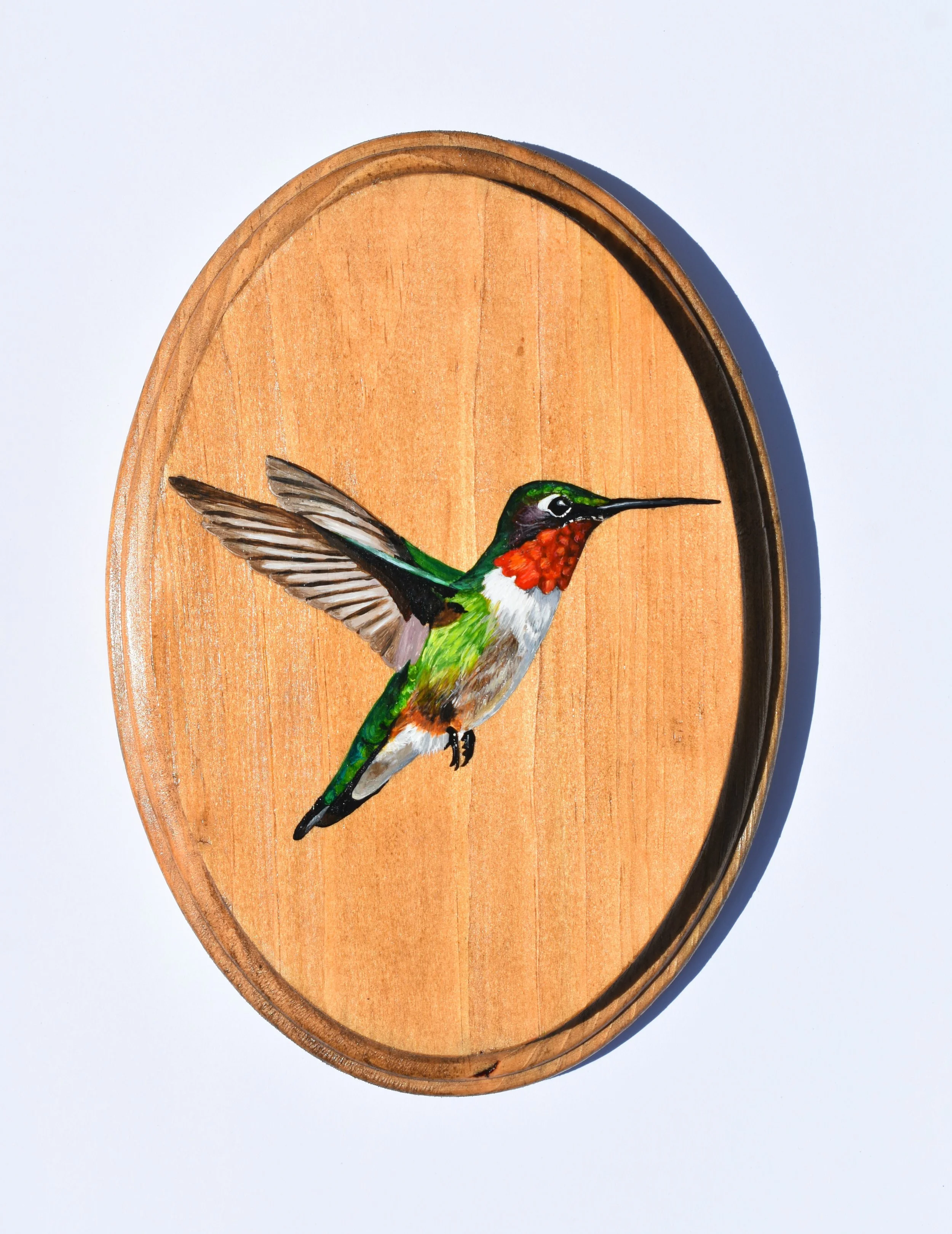 Hand-Painted Wooden Plaque - Male Ruby Throated Hummingbird