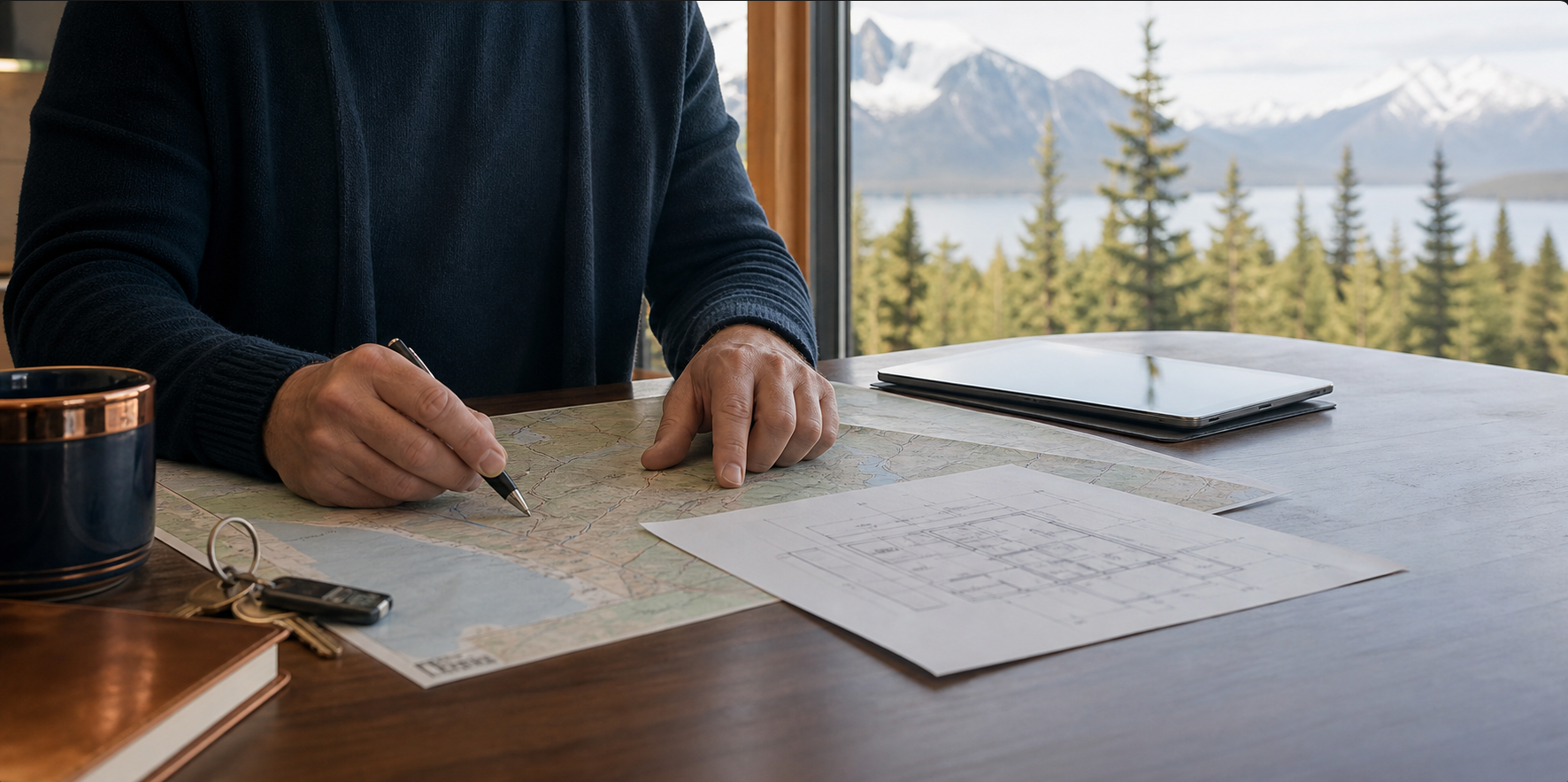 Person reviewing a map at a desk with a laptop, notebook, car keys, and a mug, overlooking a mountain landscape through a window.