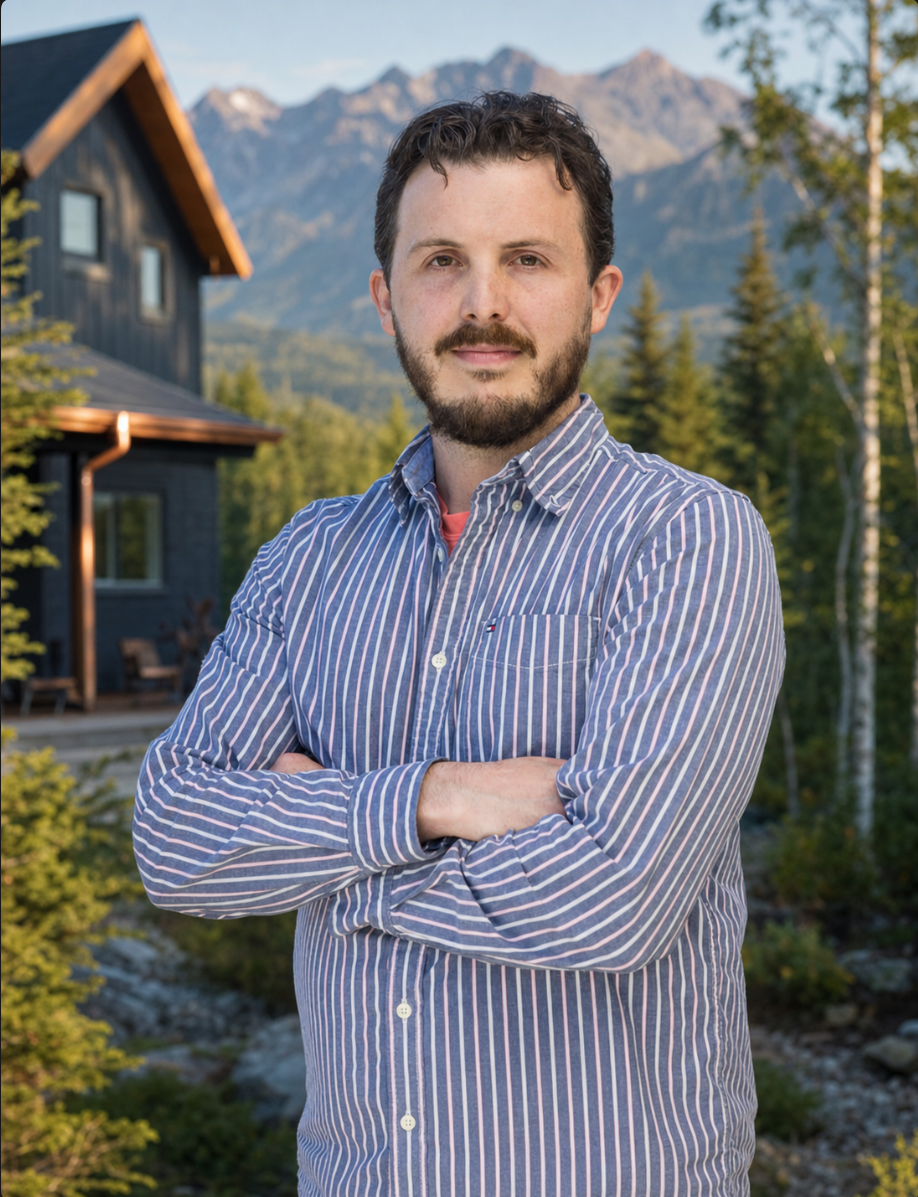 A man with dark, curly hair and a beard standing outdoors with mountains, trees, and a house in the background. He is wearing a blue and white striped long-sleeve shirt.