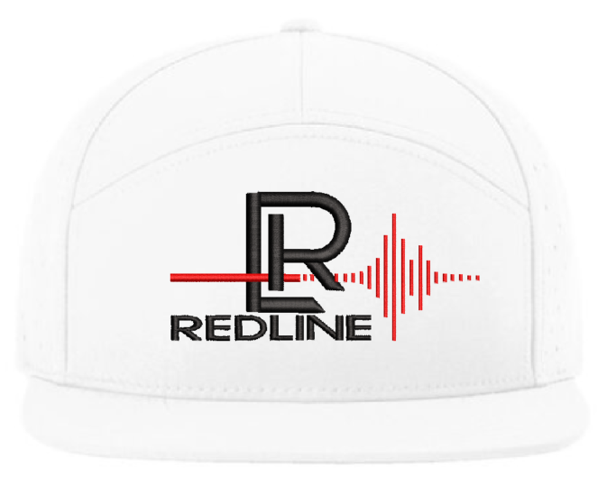 White cap with BLACK and red embroidery of a large letter R, the word REDLINE below, and a red audio wave graphic.