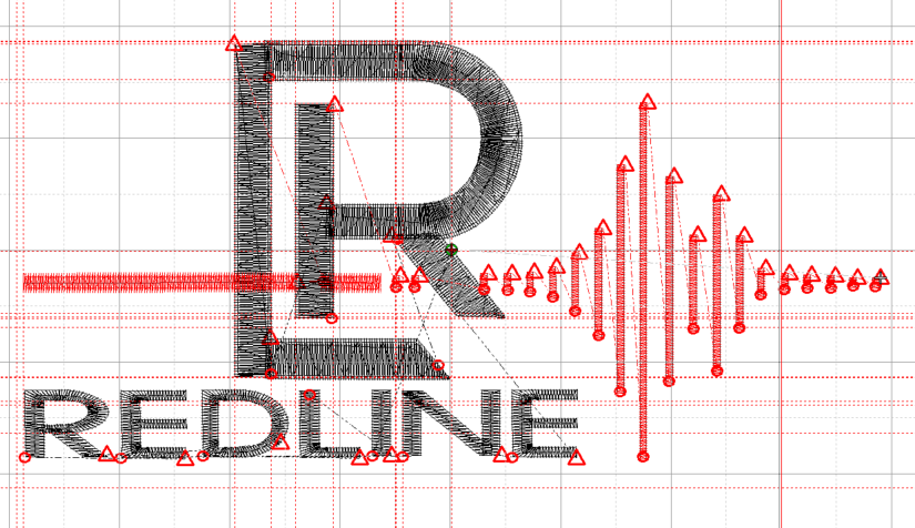 Graphic design of the letter P with a waveform pattern, and the word 'REDLINE' underneath with a similar style.