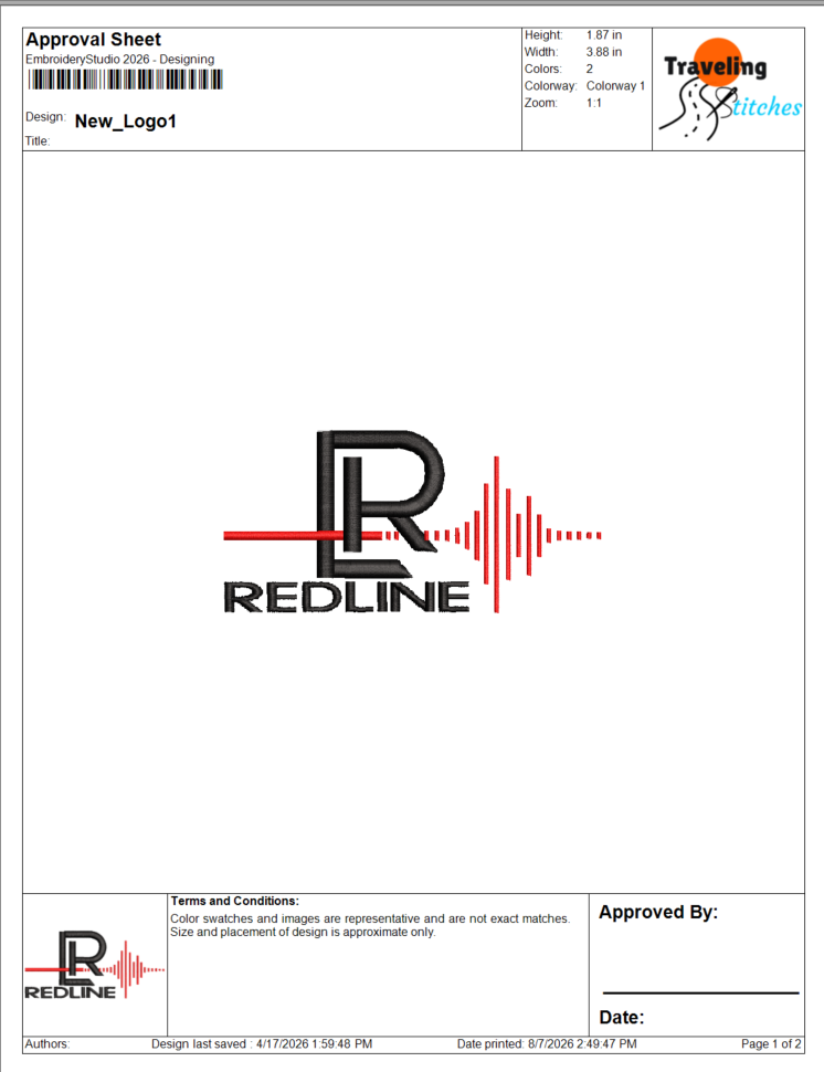 A design approval sheet for a logo with the text 'Redline' under a stylized 'R' and a red audio waveform element.