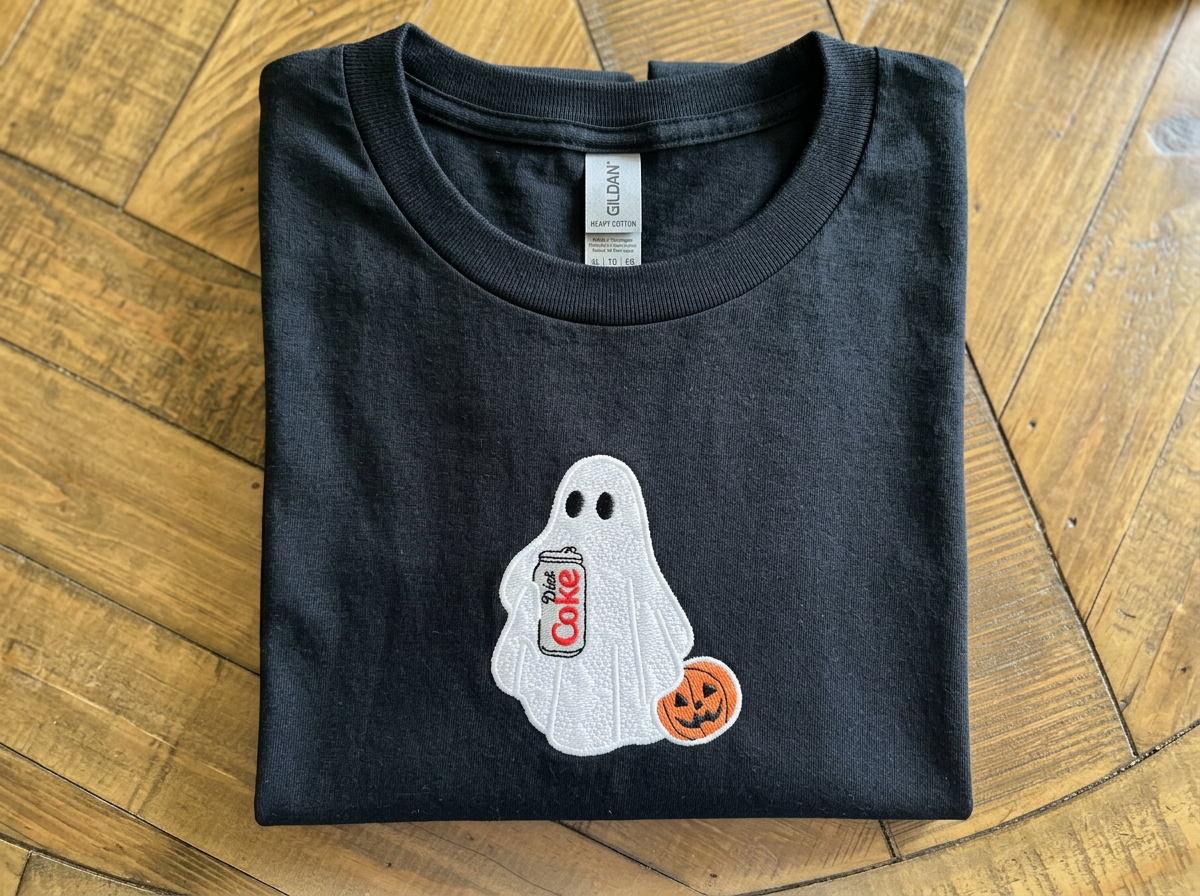 Ghost with Diet Coke & Pumpkin — 4" Appliqué Embroidery Design