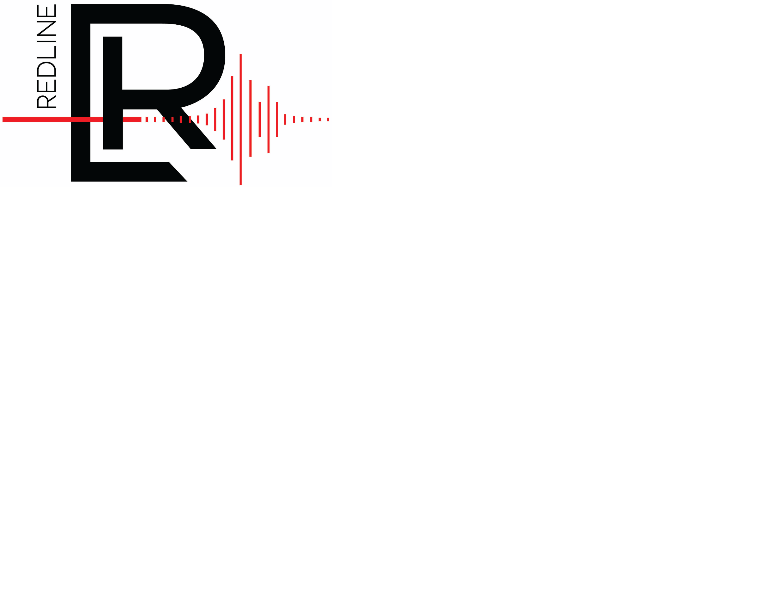 Black and white logo with the words 'Redline' vertically, a large letter 'R', and red sound wave lines emerging from the letter.
