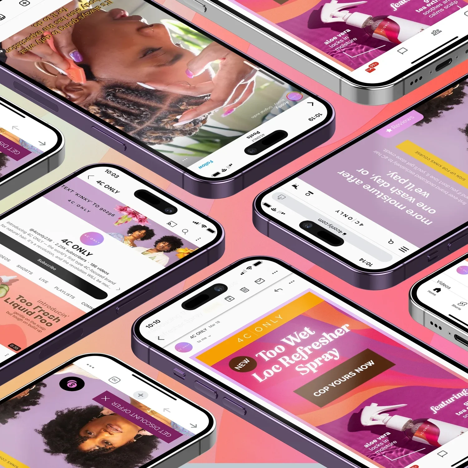 CurlMix and 4C ONLY social content displayed on phones