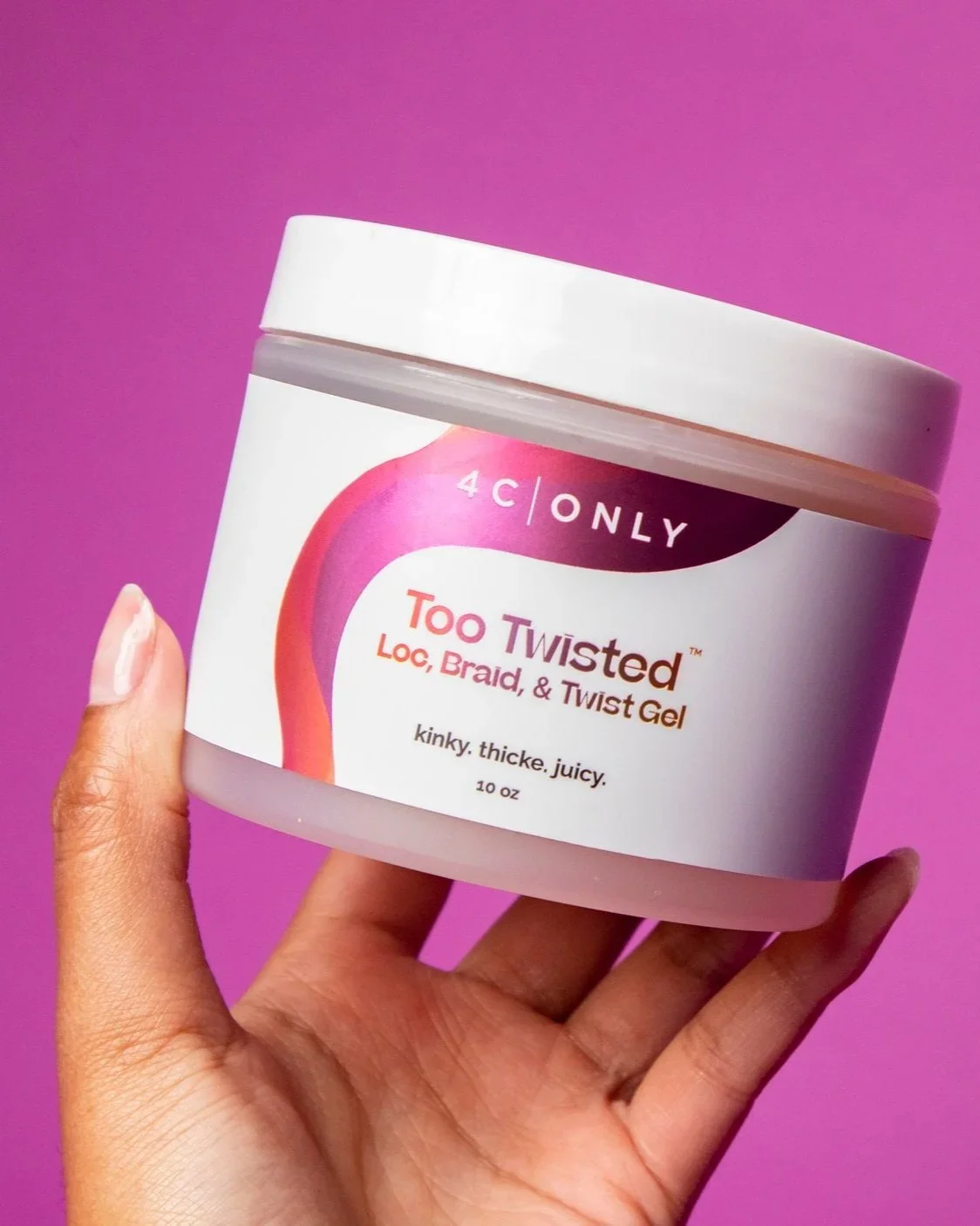 Hand holding 4C ONLY Too Twisted loc gel against pink