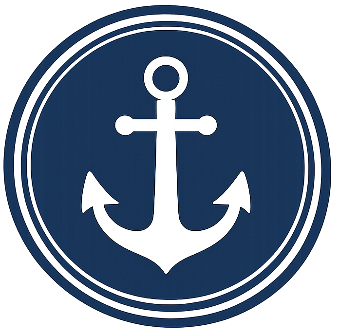 White anchor inside a navy blue circle with concentric rings.