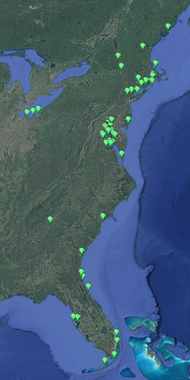 Map showing numerous green pins along the eastern United States, especially concentrated around the East Coast and southeastern states, and a few pins along the Gulf Coast and westward.