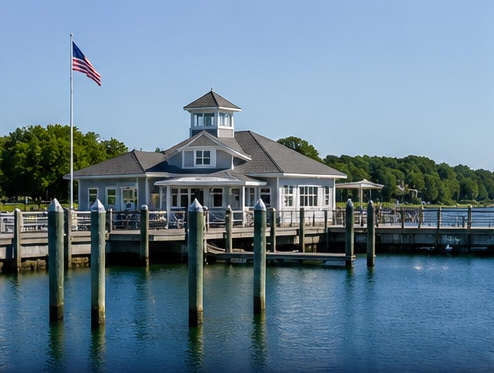 Waterfront building with a dock, American flag, and trees in the background.