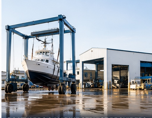 A boat is being lifted out of the water by a large blue boat lift at a marina. There is a white storage building nearby.
