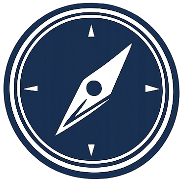 A compass with a dark blue face and white markings