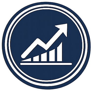 A circular logo with a white upward trending arrow and bar chart inside a dark blue background.