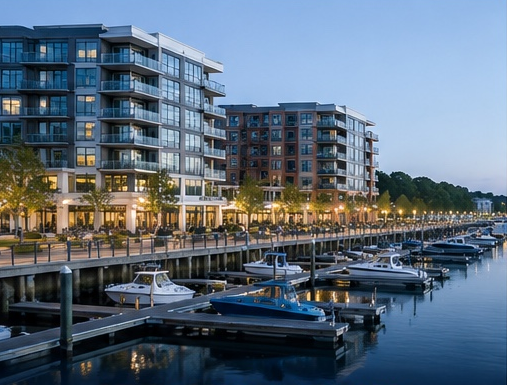 Modern apartment buildings with glass balconies along a marina, featuring boats docked in calm water and illuminated walkway lighting at dusk.