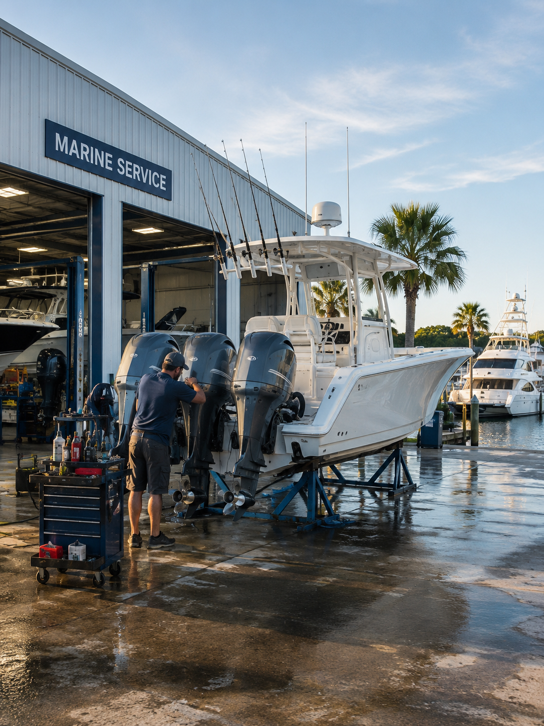 Technician working on outboard motors of a white fishing boat at a marine service center, with palm trees and other boats in the background.