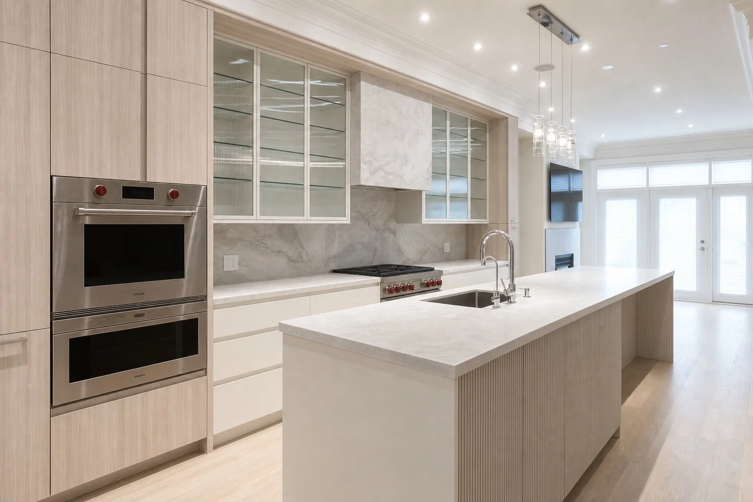 Architectural visualization looking along the fluted island toward the glazed doors in the completed Forest Hill kitchen.