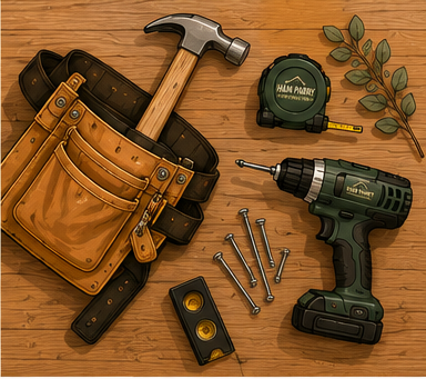 Tool belt with hammer, tape measure, drill, screws, and other tools on a wooden surface.