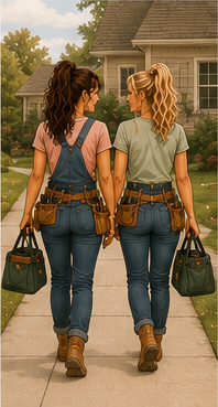 Two women in work clothes walking on a sidewalk, carrying bags, and talking with each other on a residential street.