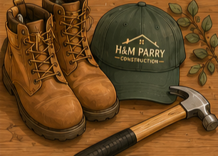 A pair of brown work boots, a green baseball cap with H&M Parry Construction logo, a hammer, and some green leaves on a wooden surface.