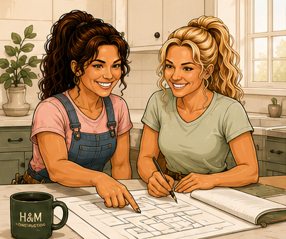 Two women with curly hair, one with dark hair and the other with blonde hair, working together at a table in a bright kitchen. They are looking at plans or drawings, smiling and collaborating. The table has a mug, open notebook, and architectural plans, with sunlight coming through a window in the background.