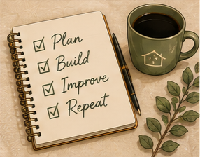Notepad with checklist: Plan, Build, Improve, Repeat, next to a coffee mug and a leafy branch.