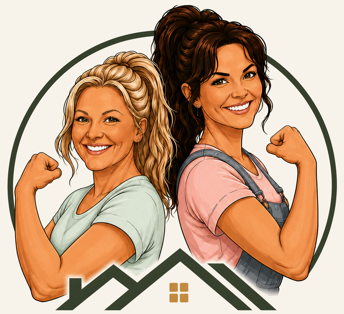 Illustration of two women standing back-to-back with arms flexed, smiling confidently, inside a circular frame.