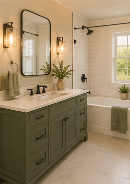 Bathroom with a green vanity, mirror, and lighting fixtures, with a bathtub/shower, window, and small potted plants.