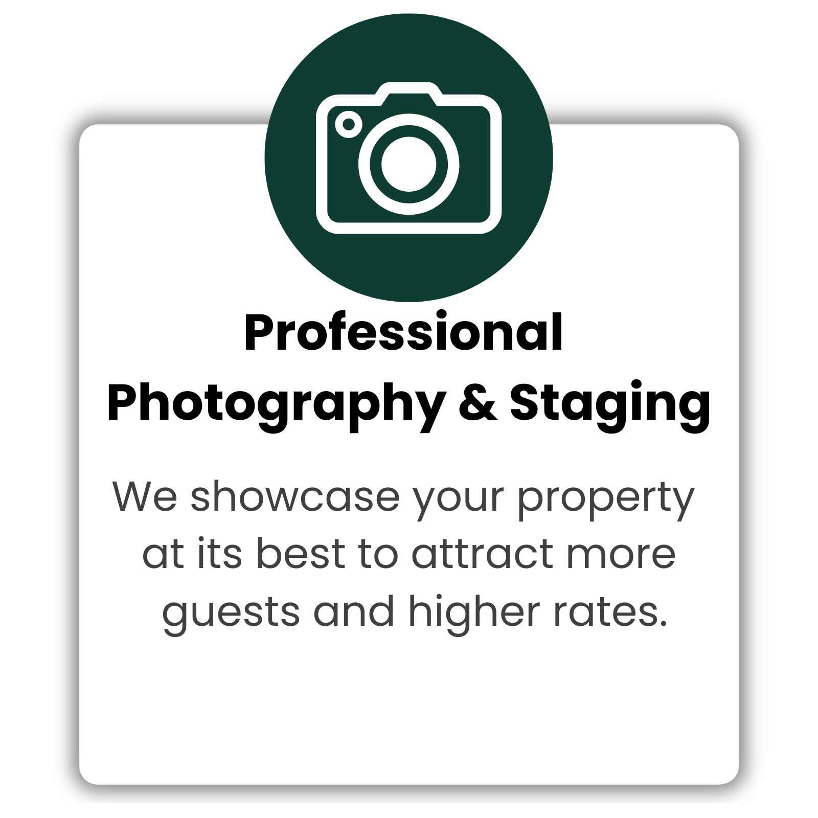 A promotional flyer for a professional photography and staging service, featuring a camera icon at the top and text that describes showcasing properties to attract guests and higher rates.