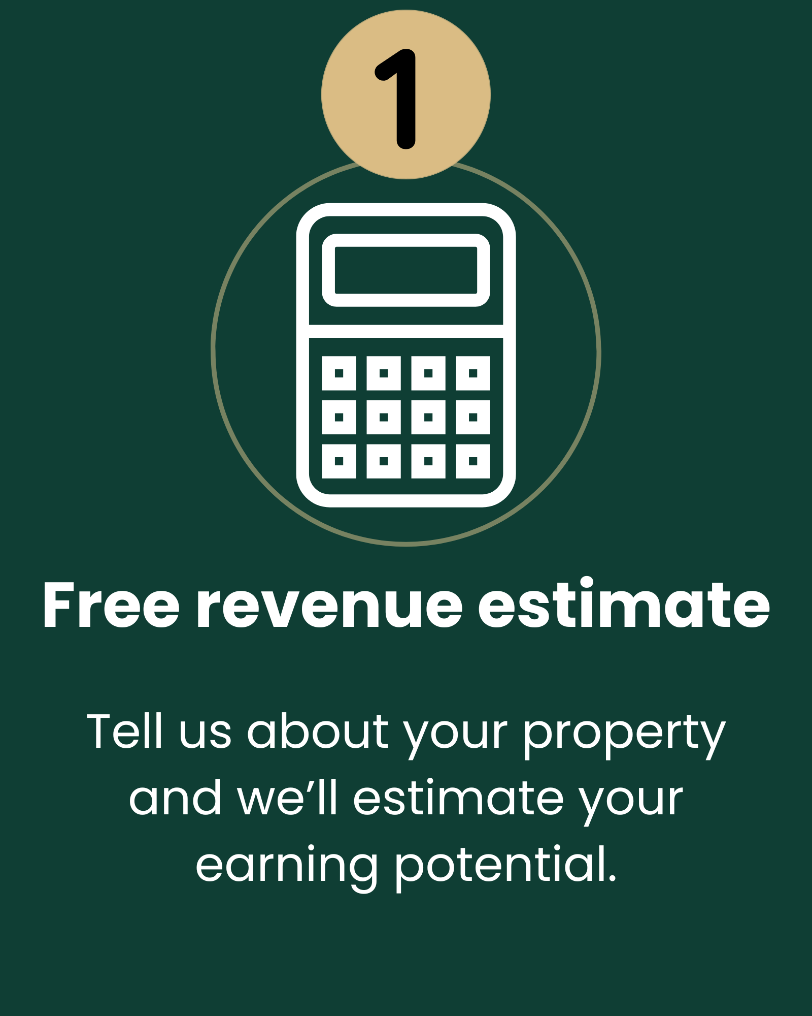 An online advertisement with a calculator icon and text about property earning potential. The top of the ad has a circle with the number one, a calculator illustration in the middle, and white text on a dark green background.
