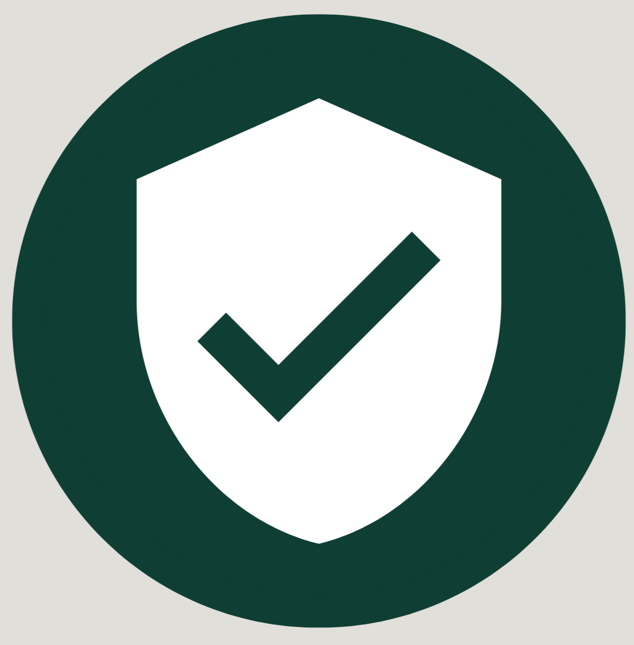A shield with a check mark inside, surrounded by a dark green circular border.