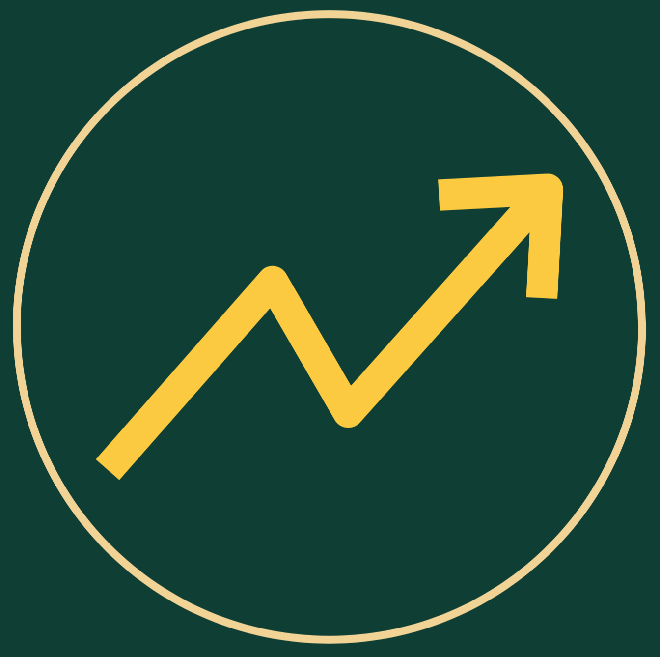 Yellow upward trending line graph with an arrow on a dark green background, enclosed in a beige circle.