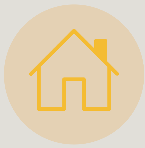 Minimalist yellow house icon with a chimney on a light beige circular background.