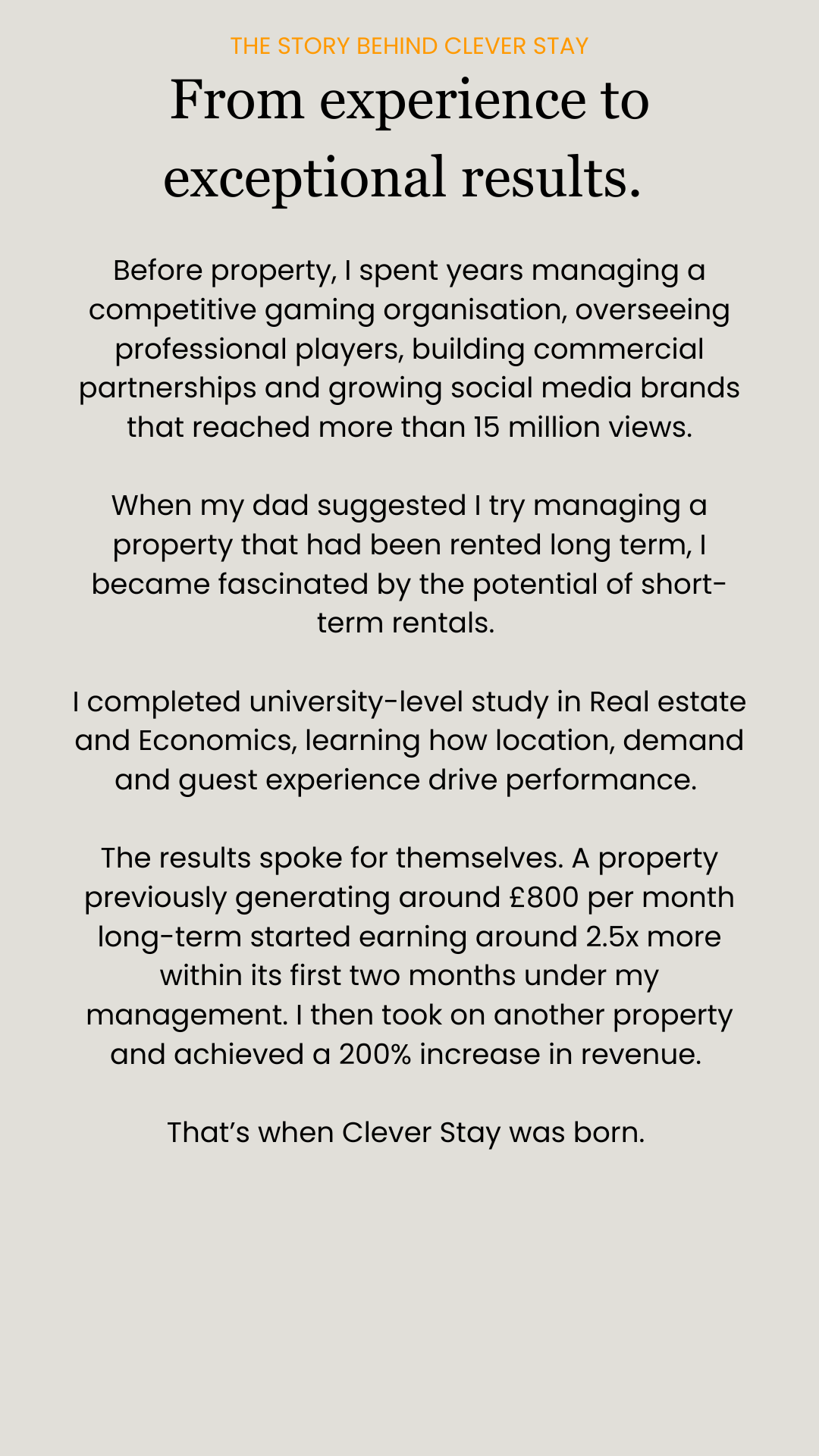 A website featuring a story about property management success and real estate career growth, with text explaining achievements and motivation behind Clever Stay.