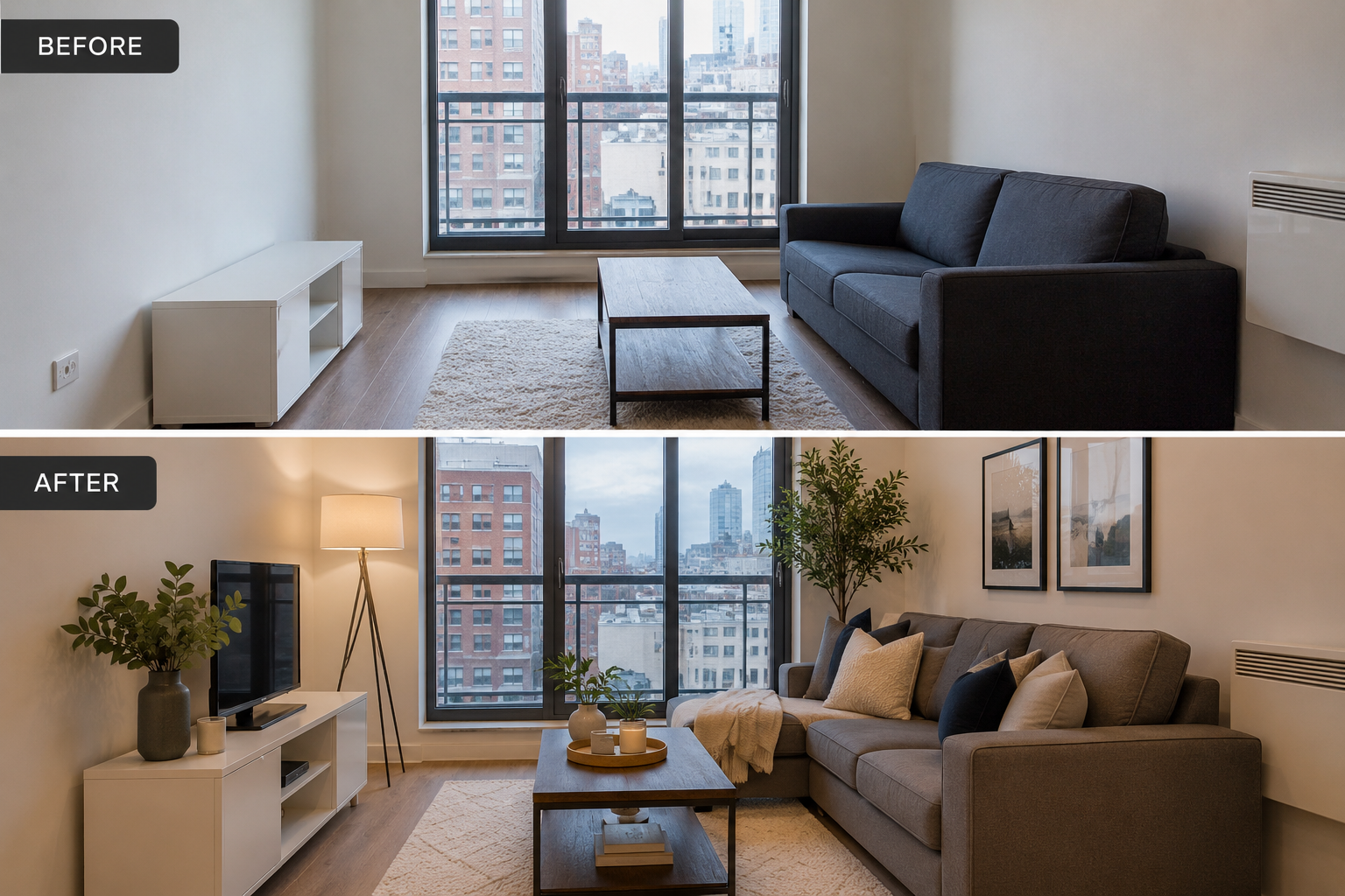 Before and after images of a living room makeover. The 'before' shows an empty room with a black couch and a white TV stand against a large window. The 'after' reveals a decorated living room with a beige sofa, a TV on a white console, a tall floor lamp, a potted plant, artwork on the wall, and a coffee table with decor items, with city buildings visible through the window.