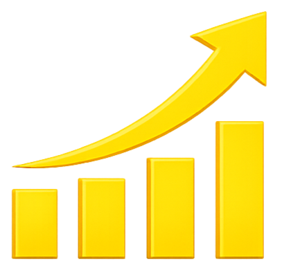 Yellow bar graph with increasing values and a yellow upward arrow indicating growth.