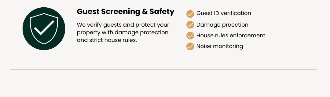 Guest screening and safety checklist with a shield icon, including points on guest ID verification, damage protection, house rules enforcement, and noise monitoring.