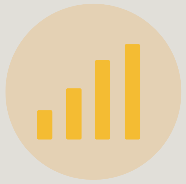 A yellow bar graph with four ascending bars on a beige circular background
