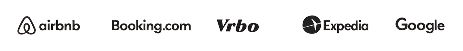 Logos of Airbnb, Booking.com, Vrbo, Expedia, and Google arranged in a row.