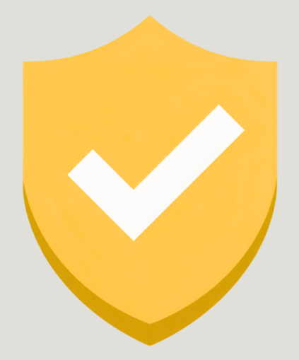 A gold shield with a white checkmark in the center.