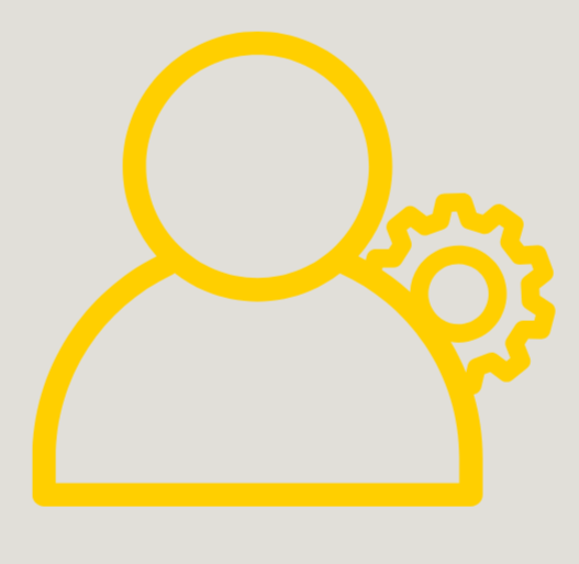 Outline of a person with a gear icon behind their shoulder, in yellow on a light background.