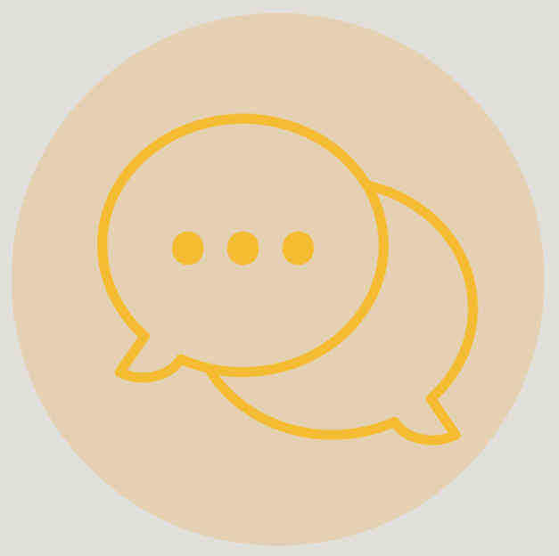 Two overlapping chat bubbles in yellow with three dots inside the front bubble on a light beige circular background.